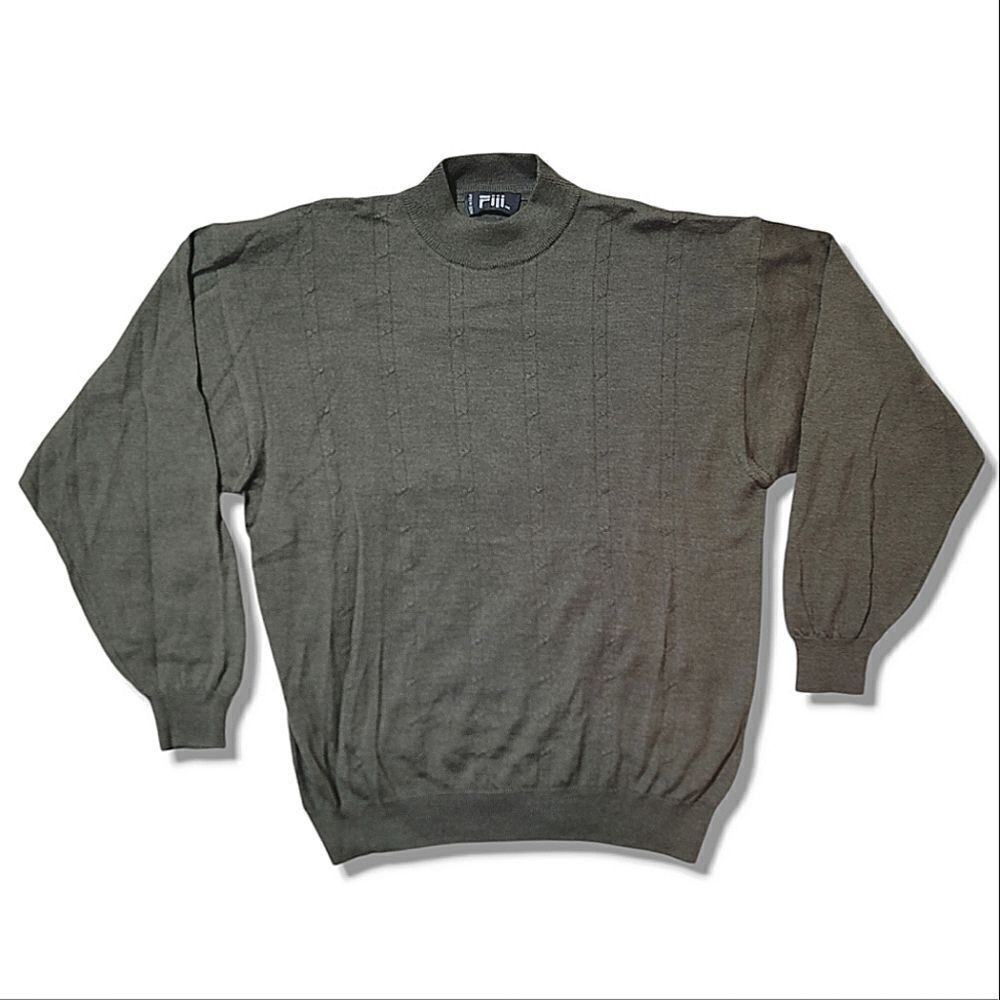 Fiji Italy Green Crew Neck Wool Blend Lightweight Ribbed Men's Sweater